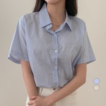 베러스윗 여성용 루즈핏 단가라 반팔 세미 크롭 셔츠