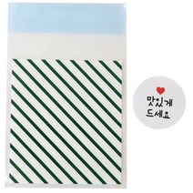 황씨네도시락 접착 스트라이프 봉투 그린 50p + 스티커 화이트원형 맛있게 드세요 50p, 1세트