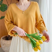 아모르데이 여성용 컬러풀 루즈 오버핏 반팔 우스 브이 니트