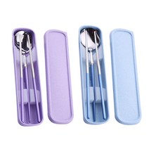 블룸엣홈 마카롱 학생용 도시락 숟가락 + 젓가락 + 케이스 세트 2인, 퍼플, 블루, 1세트, 숟가락 + 젓가락 + 케이스 2종