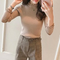 세컨핑크 여성용 컬리 프릴 골지 니트 SPC935