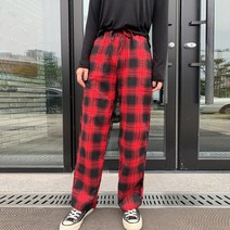 오키진 여성용 체크 배색 와이드 밴딩 팬츠