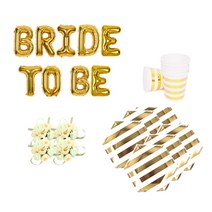 브라이덜샤워 소품 패키지 BRIDE TO BE 풍선 골드 + 꽃팔찌 미니로즈 피치 4p + 테이블웨어 마블, 혼합색상, 1세트