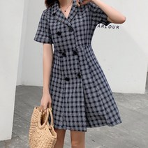 아뗄릭 귀여운 카라넥 체크무늬 반팔 포인트 단추 미디 원피스 13841