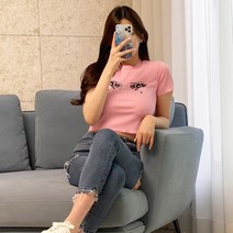 스키니어 여성용 스키니어 하이틴 크라잉 골지 크롭 반팔티 lkf229