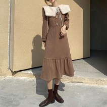 메이첼 가을 퍼 빅카라 리본 버튼 루즈핏 롱 원피스 00379