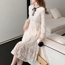 페이퍼먼츠 프릴 리본넥 허리 슬리밍 레이스 롱 원피스 00989