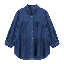 셔링넥 볼륨소매 데님 블라우스