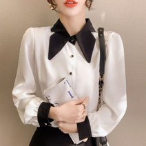 페이퍼먼츠 투톤 진주 버튼 디테일 셔링 블라우스 01438