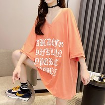 메이첼 여성용 루즈핏 브이넥 캐주얼 앞 뒤 레터링 롱 티셔츠 00752