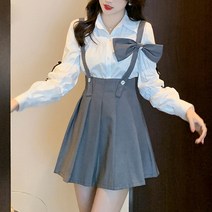 비비에모 카라넥 리본 셔츠 멜빵 스커트 투피스 세트 01829