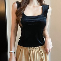 비비에모 여성용 가을 새틴 벨벳 U넥 캡 내장 민소매 슬림핏 티셔츠 01865