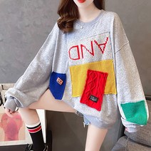 메이첼 여성용 가을 울 스티치 패치 루즈핏 긴팔 티셔츠 01486