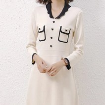 페이퍼먼츠 복고풍 우아한 배색라인 슬림핏 미디 니트 원피스 03017