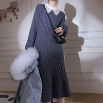 비비에모 여성용 리본트임 넥 플리츠 플레어 니트 원피스 02107