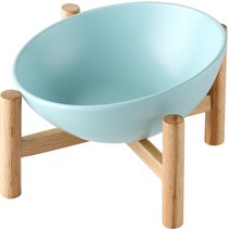 랜보어 반려동물 심플 우드 받침대 세라믹 식기 M, 블루, 1개