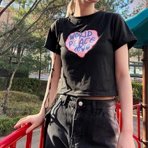 레몬티 여성용 하트 레터링 반팔 크롭티 lk23589