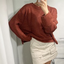 뜨개진 여성용 램스울 루즈핏 옆트임 리스보 라운드 니트