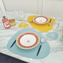 TAD 방수 가죽 식탁 테이블 매트 2종 + 컵받침 2종, 미디엄 옐로우, 티파니 블루, 45 x 37cm, 12.5 x 12cm