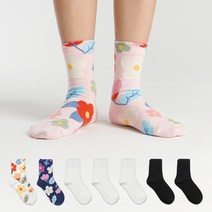 삭스팝 여성용 스프링 플라워 패션 양말 3종 + 중목 무지 양말 화이트 3p + 블랙 2p