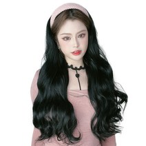 하이유니 웨이브 펌 헤어 머리띠 가발 65cm, 핑크(헤어밴드), 네츄럴블랙(가발), 1개