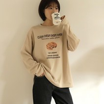 빼빼 여성용 쿠키 프린팅 라운드넥 긴팔 티셔츠
