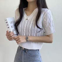 여성용 데일리 아리 꽈베기 크롭 브이넥 반팔 니트