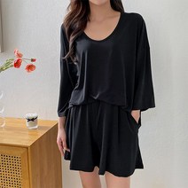 티탁 여성용 빅사이즈 에센셜 데일리 브이넥 8부 소매 플레어팬츠 포켓 반바지 상하세트