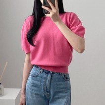 라미르 여성용 퍼프소매 라운드넥 반팔 울 니트