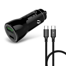 디씨네트워크 퀄컴 3.0 차량용 고속 충전기 USB PD 시거잭 삼성 갤럭시 애플 아이폰 호환 블랙 + PD 페브릭 c to c 고속충전 케이블 블랙 1.2m, 블랙(충전기), 블랙(케이블), ITS-PDCC01(충전기)