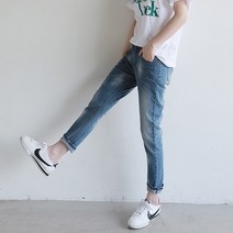 여성용 빼빼 데일리 슬림 배기 데님 팬츠
