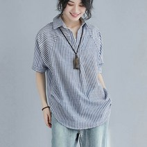 앤드스타일 여성용 하프오픈넥 스트라이프 반팔 셔츠 260612