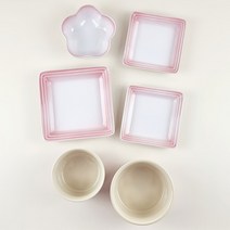 프렌치리빙 스위티 1인 혼밥 식기세트 6p, 파우더핑크, 스몰볼 10.8cm + 라지볼 12.8cm + 정사각접시 13cm x 2p + 정사각접시 16cm + 로얄플라워볼 12.3cm