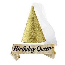 조이파티 글리터 베일 파티고깔모자 + 생일어깨띠 Birthday Queen 세트, 골드(모자), 골드(어깨띠), 1세트