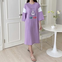 티탁 여성용 빅사이즈 데일리 루즈핏 라운드넥 7부 배색 리틀 아이곰 원피스