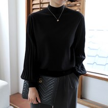 빼빼 여성용 반목 주름퍼프소매 터틀넥 니트티셔츠