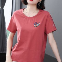 묘먀미 중년 여성용 하트 꽃 라운드넥 반팔 티셔츠 AA018