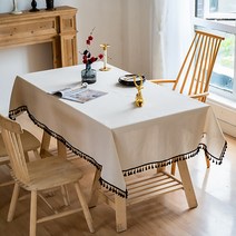 마켓에이 블랙태슬 린넨 패브릭 식탁보, 화이트, 120 x 120 cm