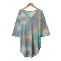 플랜데이 여성용 유니크 물나염 그런지룩 오버핏 롱 반팔 티셔츠