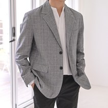 플레이즈 남성용 카라넥 투버튼 린넨 체크 루즈핏 자켓