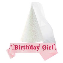 조이파티 글리터 베일 파티고깔모자 + 생일어깨띠 Birthday Girl 세트, 펄화이트(모자), 핑크(어깨띠), 1세트