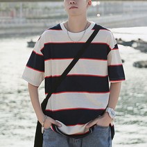 남성용 마켓A 배색 스트라이프 반팔티셔츠