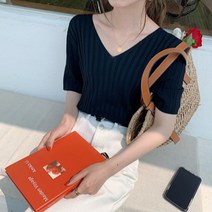 구디프 여성용 모먼트 브이넥 세로골지 반팔 티셔츠