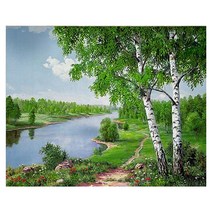 케이엠엘리 액자형 3D 여름날 강변풍경 원형큐빅 DIY 보석십자수 50 x 40 cm, 혼합색상, 1개