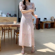 여성용 데디리 소매 셔링 쉬폰 롱 원피스 OPS6322C14