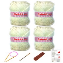 행복뜨기 스마트울 털실 뜨개실 4p + 대바늘 6mm + 돗바늘 + 가죽라벨 + 목도리도안, 2801 아이보리, 1세트