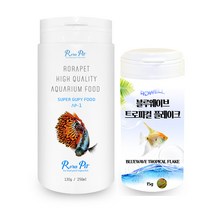 로라펫 슈퍼 프리미엄 구피 전용사료 130g + 로웰 블루웨이브 트로피컬 플레이크 15g 세트, 1세트
