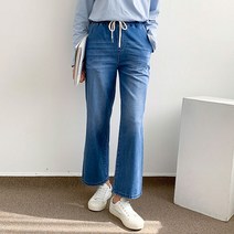 헤이진 여성용 스트링 와이드 데님 밴딩팬츠