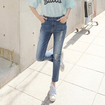 빼빼 여성용 데일리 데미지구제 일자 데님 팬츠