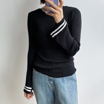 오오엘 여성용 부들부들 배색 소매 나팔 라운드 니트